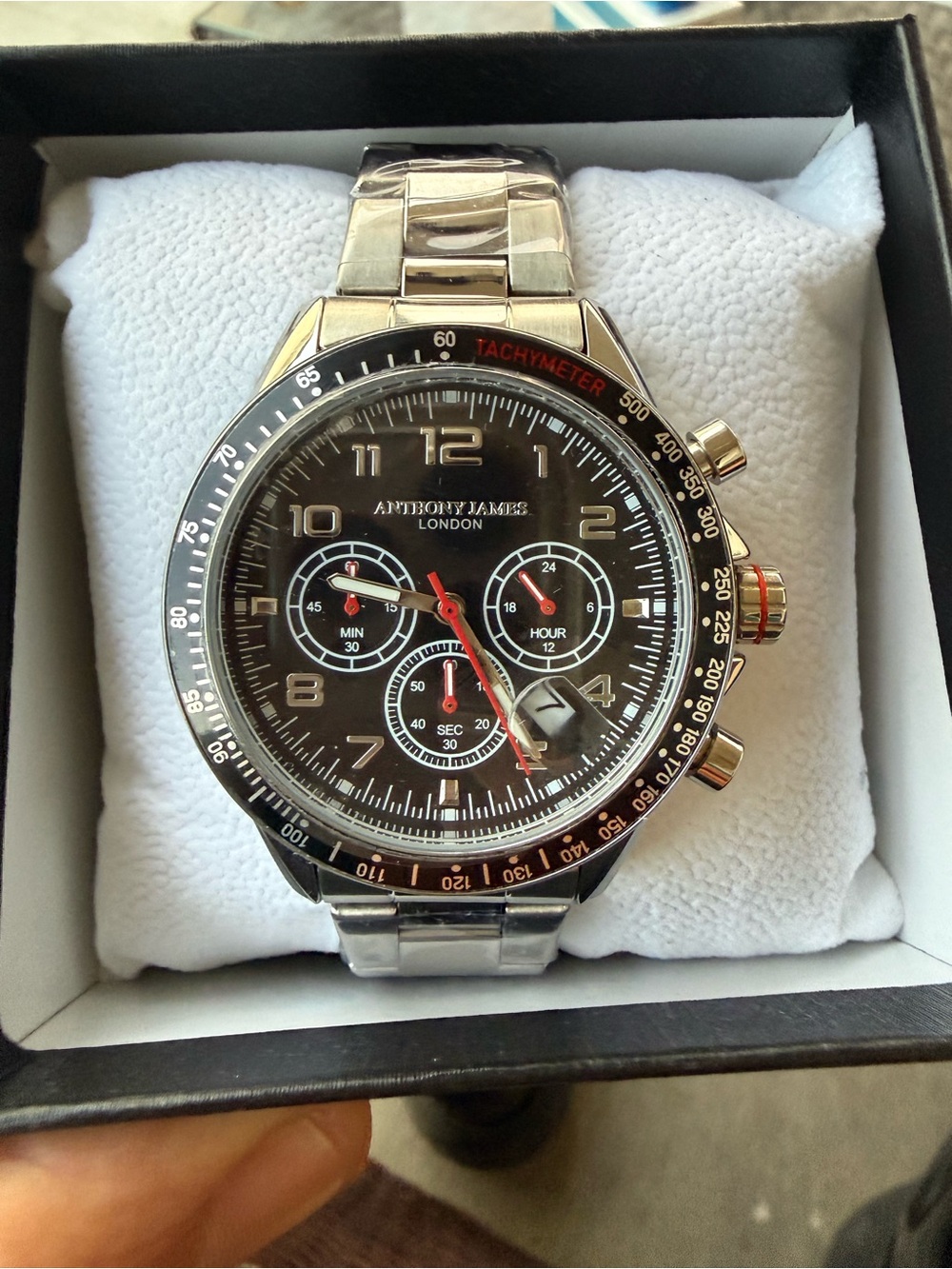 Men's Silver Stainless Steel Chronograph Watch - Black Dial